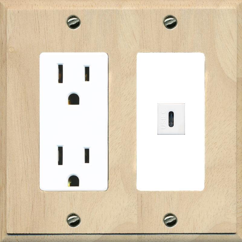 RiteAV USBC Wall Plate - Outlet [Wood/White]