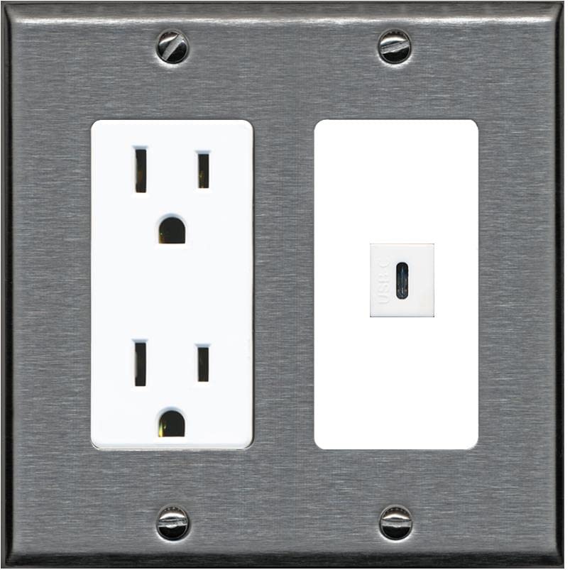 RiteAV USBC Wall Plate - Outlet [Stainless/White]