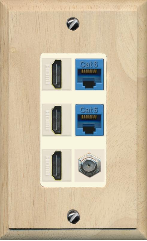 RiteAV 3 HDMI Wall Plate 2 Cat6 1 Coax - 1 Gang [Wood/Light-Almond]