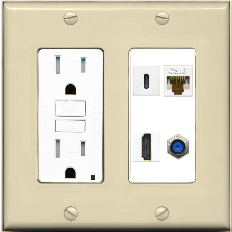 RiteAV USBC HDMI Cat6 Coax F81 Wall Plate - GFCI [Ivory/White]