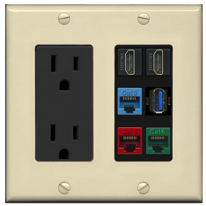 RiteAV 2 HDMI 3 Cat6 Ethernet USB3 Mixed Color Wall Plate - Outlet [Ivory/Black]