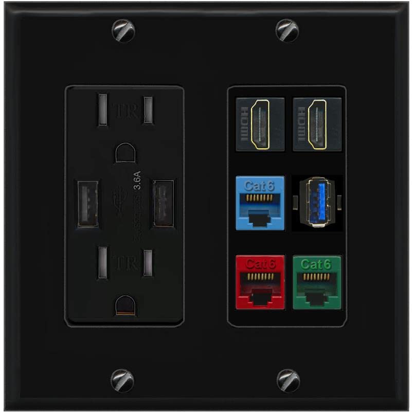 RiteAV 2 HDMI 3 Cat6 Ethernet USB3 Mixed Color Wall Plate - USB Charger [Black/Black]