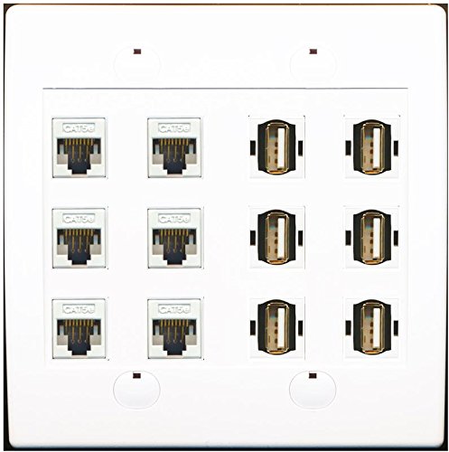 RiteAV 6 x Cat5e and 6 x USB A-A Flat Wall Plate Dual Gang White