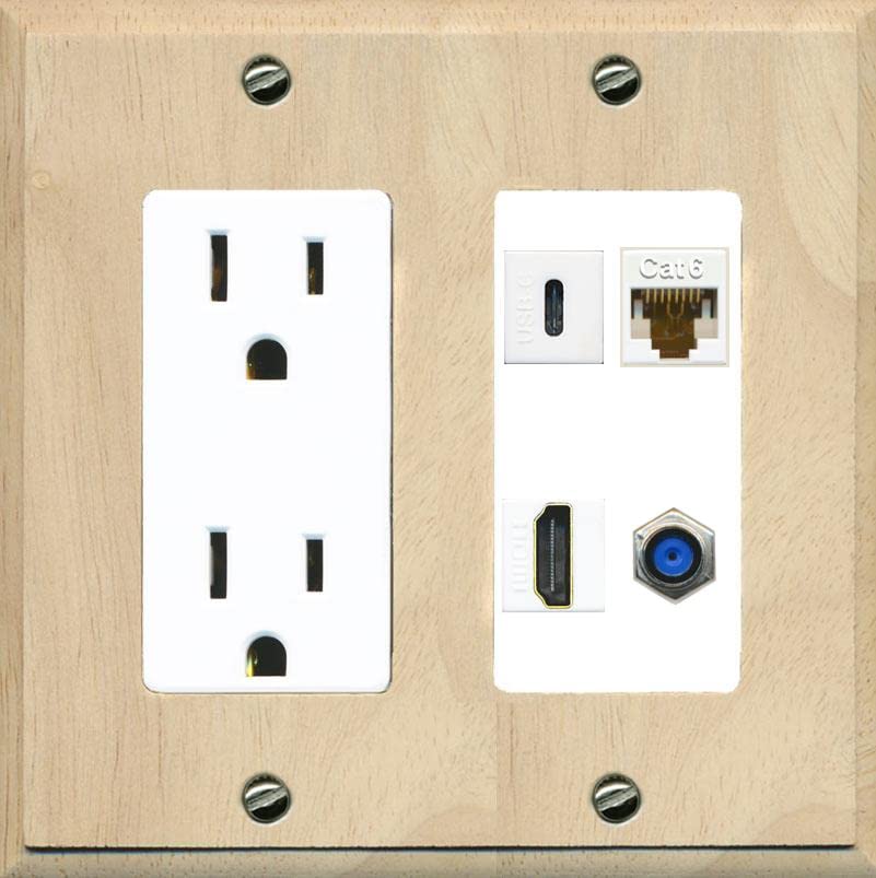 RiteAV USBC HDMI Cat6 Coax F81 Wall Plate - Outlet [Wood/White]