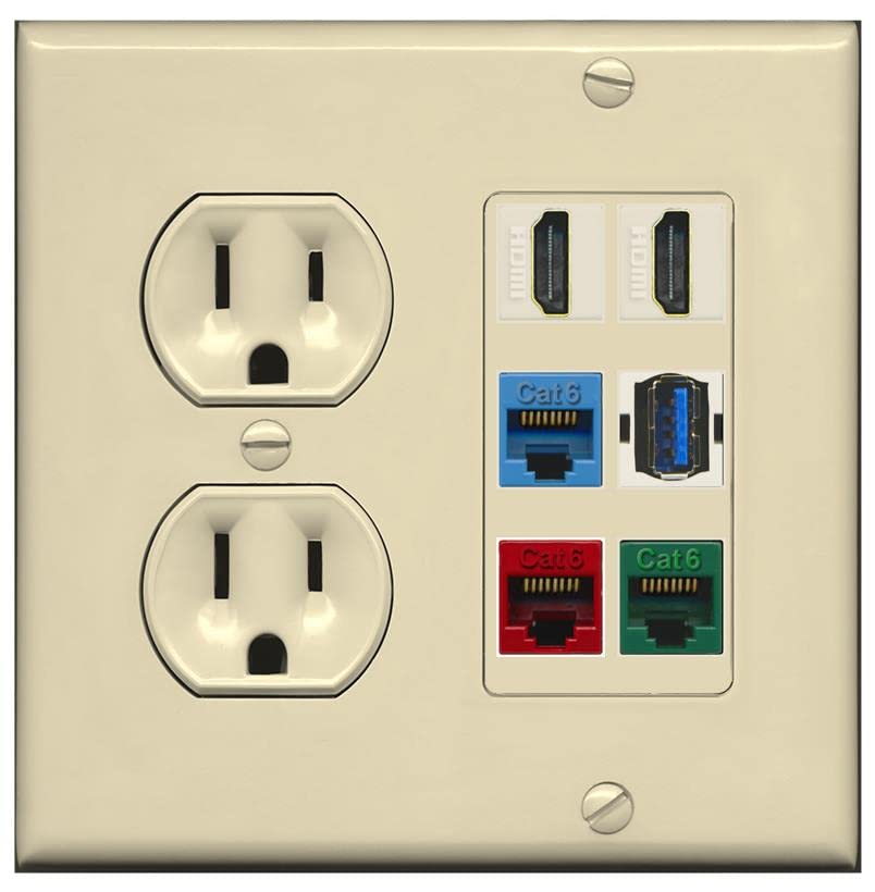 RiteAV 2 HDMI 3 Cat6 Ethernet USB3 Mixed Color Wall Plate - Round Outlet [Ivory/Ivory]