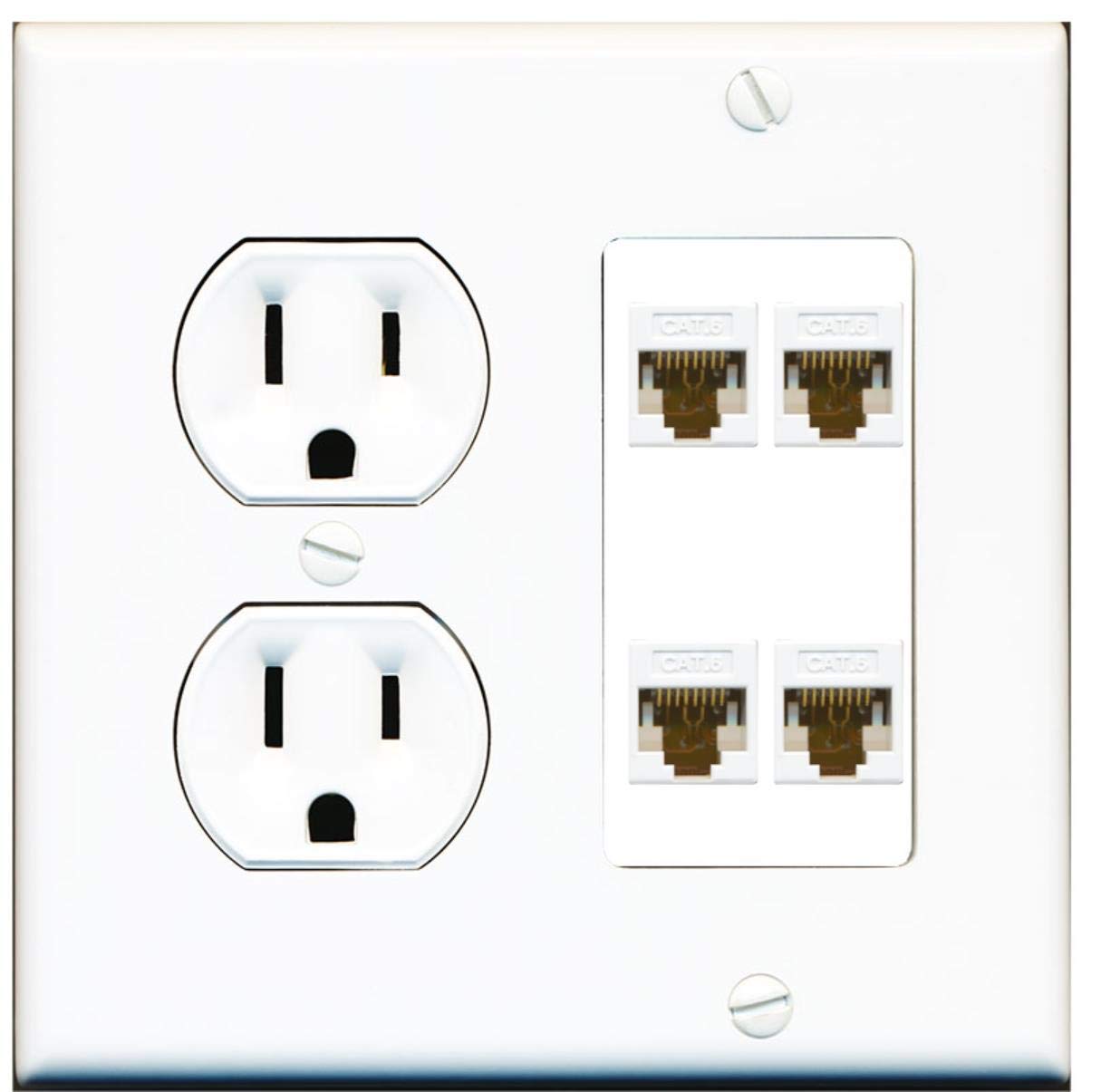 15 Amp Duplex Round Power Outlet 4 Port Cat6 Ethernet Wall Plate White