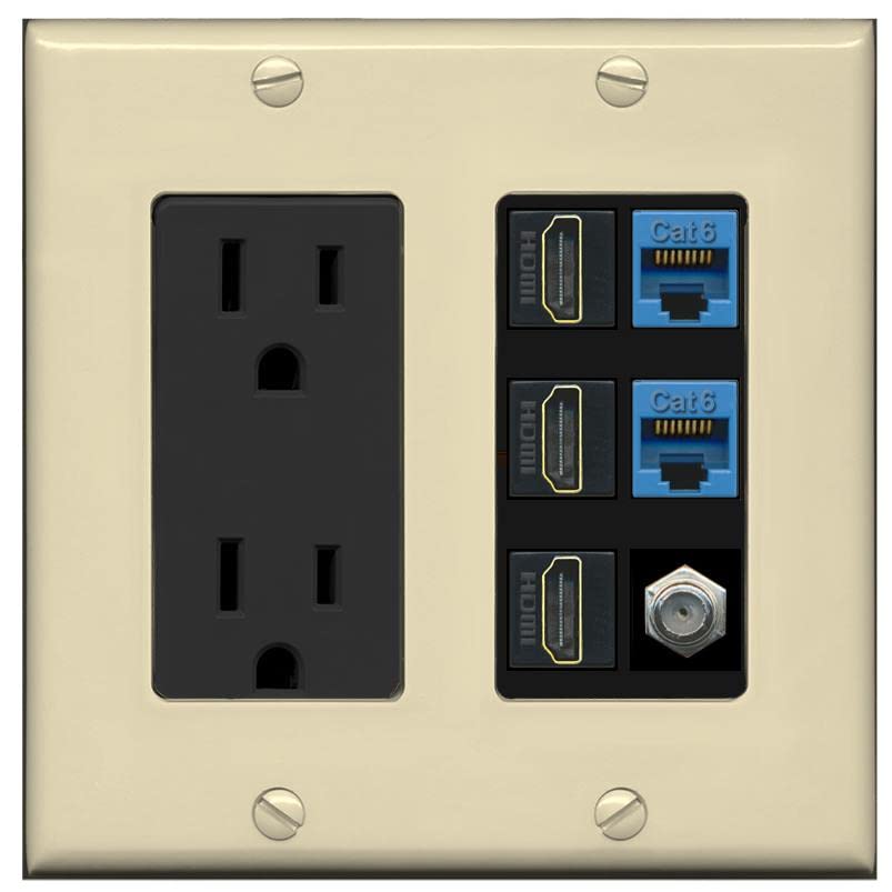 RiteAV 3 HDMI Wall Plate 2 Cat6 1 Coax - Outlet [Ivory/Black]