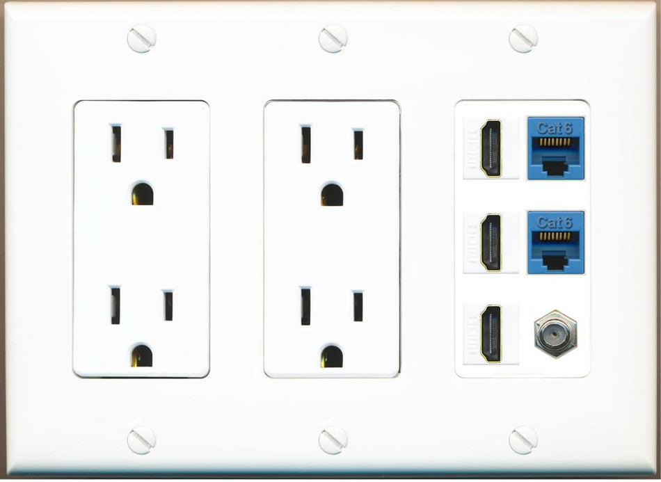 RiteAV 3 HDMI Wall Plate 2 Cat6 1 Coax - 3G Dual Outlet [White/White]