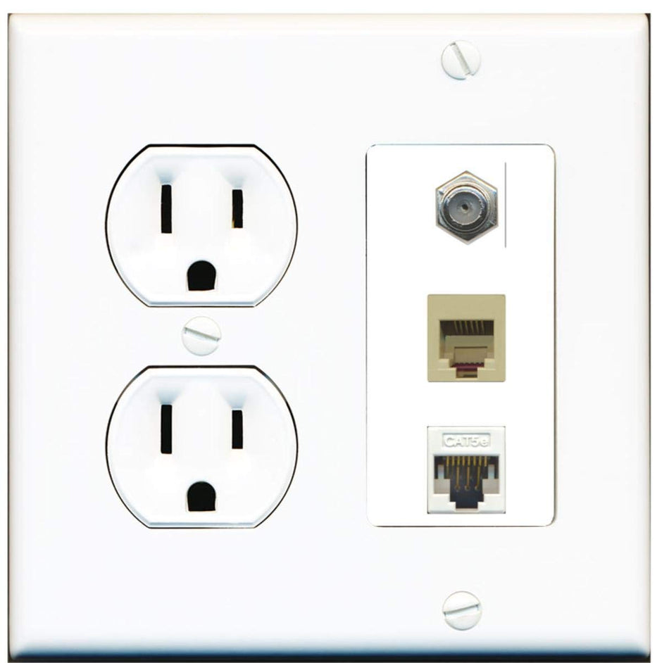 15 Amp Round Power Outlet 1 Port Phone RJ11-12 Cat5e Ethernet Coax Wall Plate