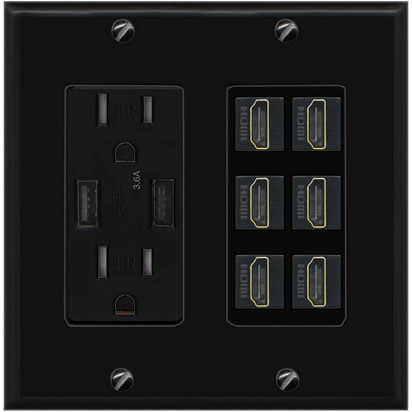 RiteAV HDMI Wall Plate 6 Port - USB Charger [Black/Black]