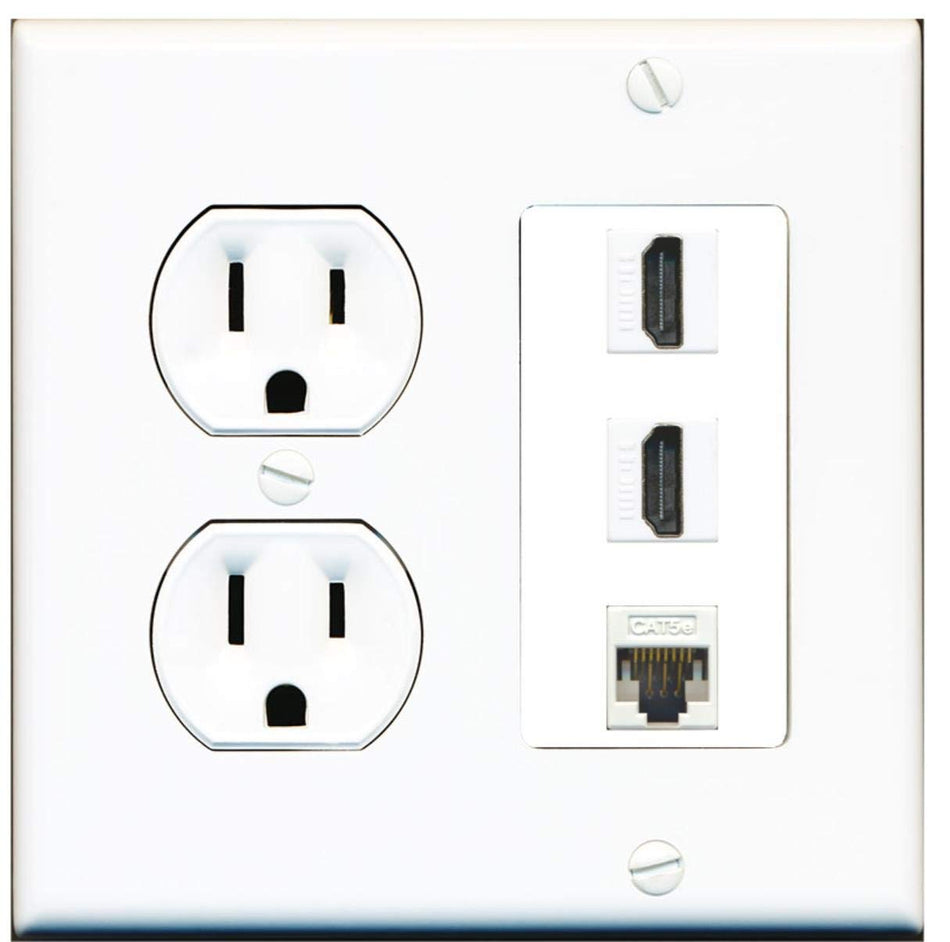 15 Amp Round Power Outlet 2 Port HDMI 1 Cat5e Ethernet Wall Plate White