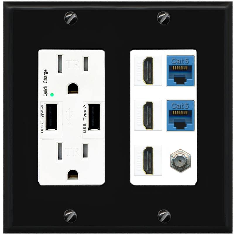 RiteAV 3 HDMI Wall Plate 2 Cat6 1 Coax - USB Charger [Black/White]