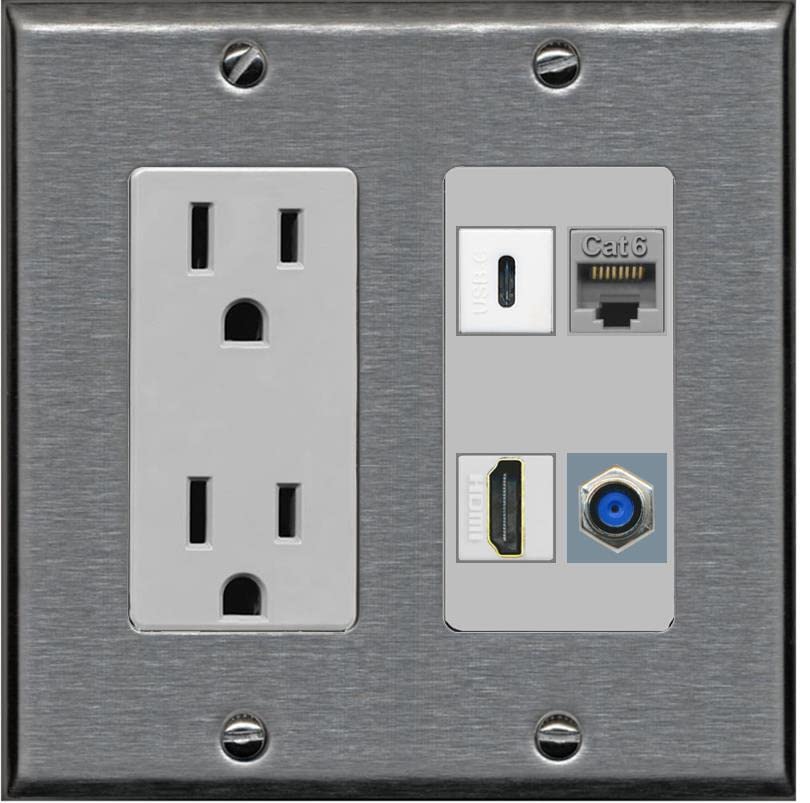 RiteAV USBC HDMI Cat6 Coax F81 Wall Plate - Outlet [Stainless/Gray]