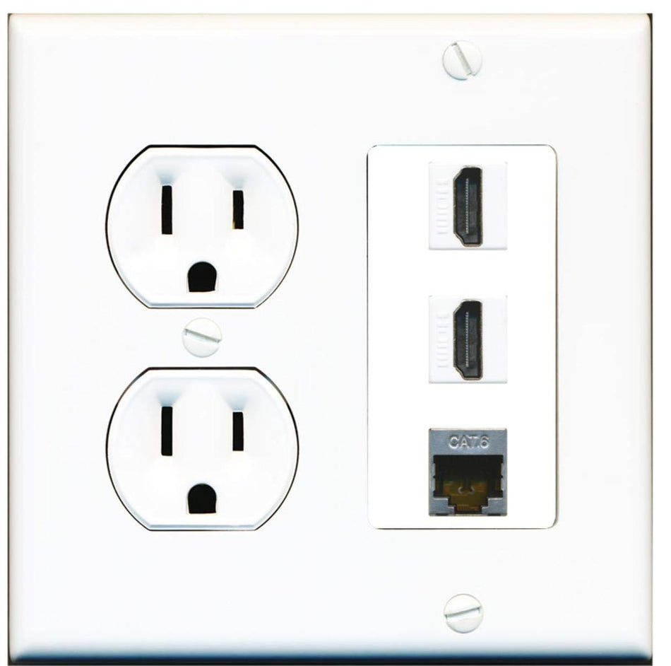 15 Amp Round Power Outlet 2 Port HDMI 1 Cat6 Shielded Ethernet Wall Plate