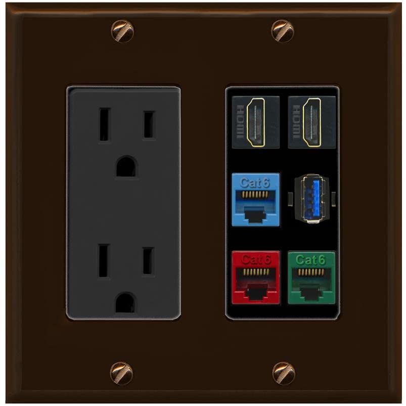 RiteAV 2 HDMI 3 Cat6 Ethernet USB3 Mixed Color Wall Plate - Outlet [Brown/Black]