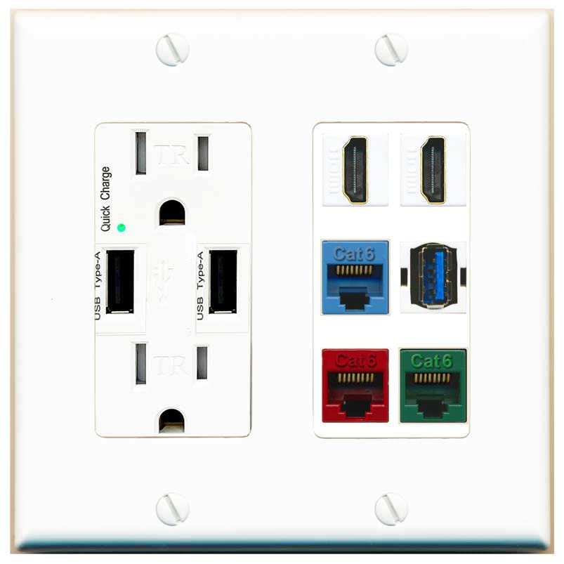RiteAV 2 HDMI 3 Cat6 Ethernet USB3 Mixed Color Wall Plate - USB Charger [White/White]