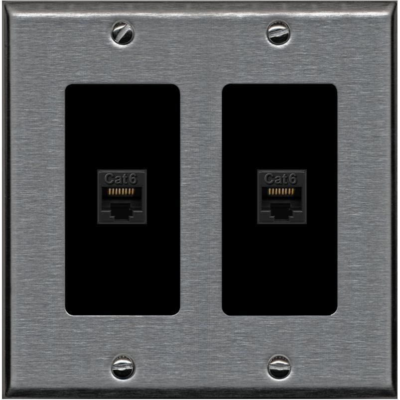 RiteAV 2 Port Cat6 Ethernet Wall Plate - 2 Gang [Stainless/Black]