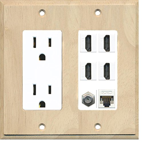 RiteAV 4 Port HDMI 1 Coax Cable TV- F-Type 1 Cat5E Ethernet Wall Plate - Outlet [Wood/White]