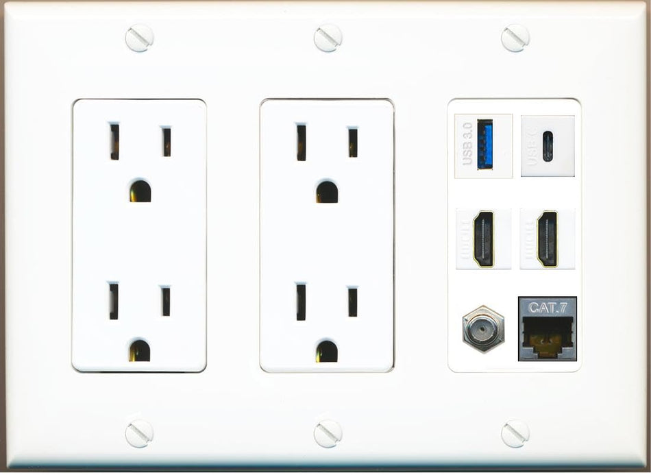 RiteAV USB 3 USB C 2 HDMI Coax Cat7 Wall Plate - 3G Dual Outlet [White/White]