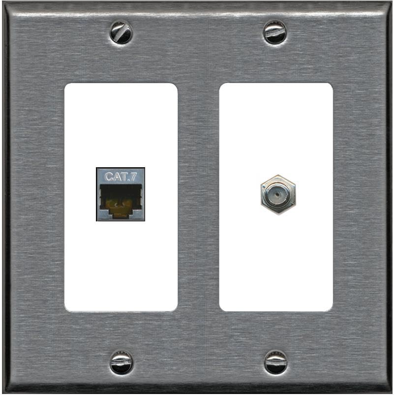 RiteAV Coax and Cat7 Wall Plate - 2 Gang [Stainless/White]