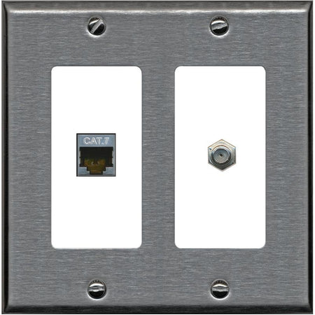 RiteAV Coax and Cat7 Wall Plate - 2 Gang [Stainless/White]