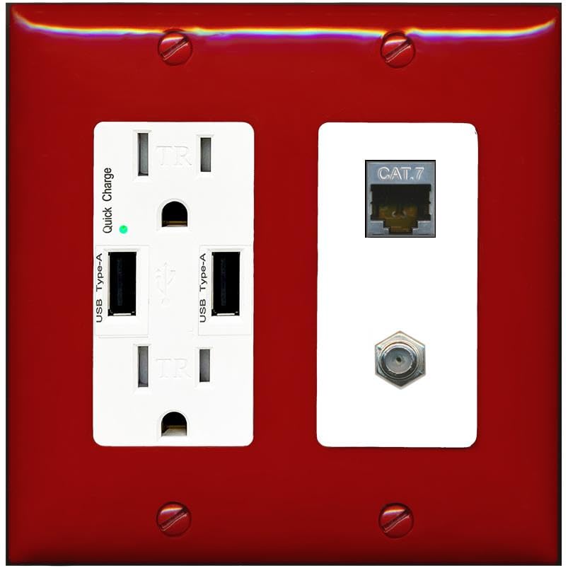RiteAV Coax and Cat7 Wall Plate - USB Charger [Red/White]