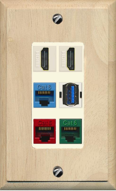 RiteAV 2 HDMI 3 Cat6 Ethernet USB3 Mixed Color Wall Plate - 1 Gang [Wood/Light-Almond]