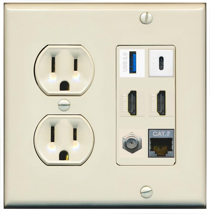 RiteAV USB 3 USB C 2 HDMI Coax Cat7 Wall Plate - Round Outlet [Light-Almond]