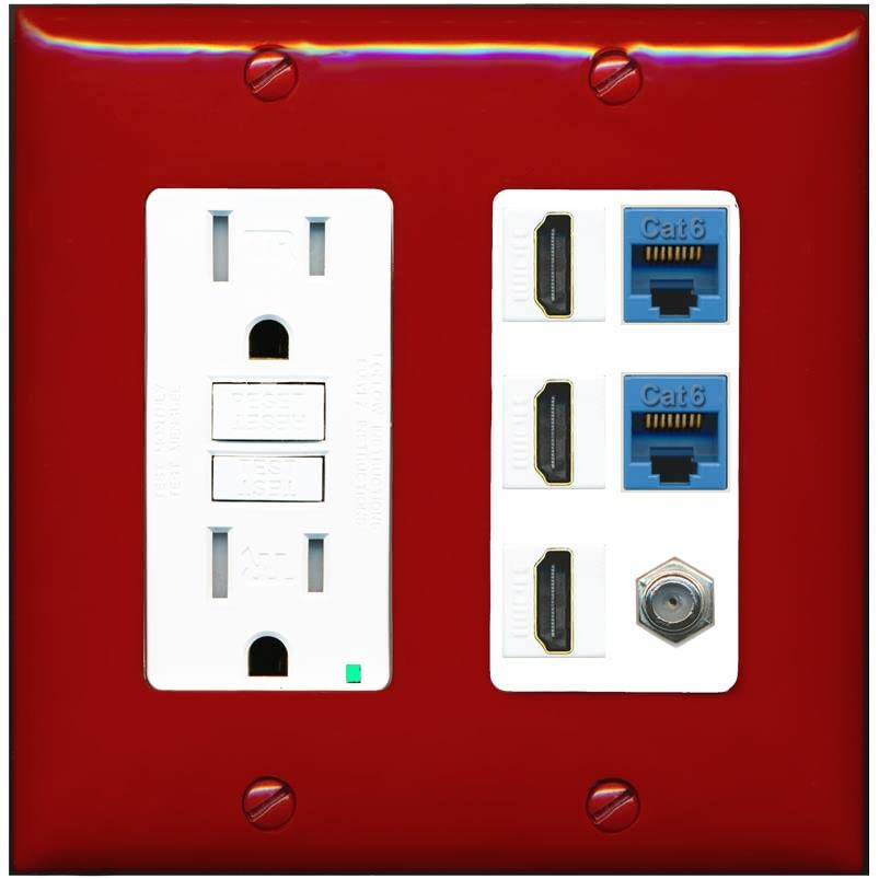 RiteAV 3 HDMI Wall Plate 2 Cat6 1 Coax - GFCI [Red/White]