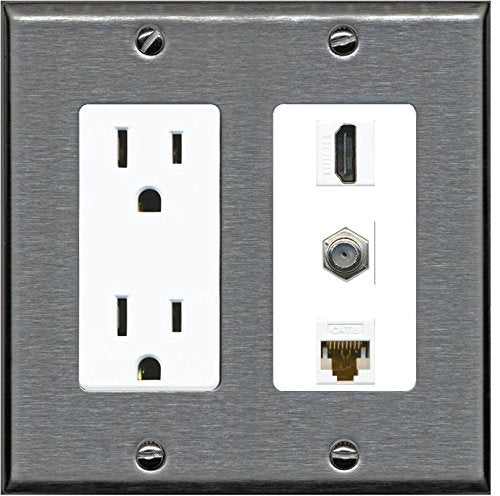 RiteAV - (2 Gang Decorative 15A Outlet HDMI Coax Cat6 Wall Plate Stainless Steel White