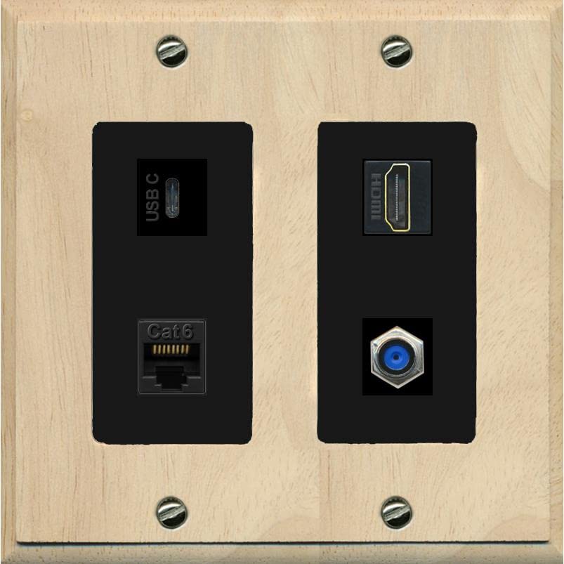 RiteAV USBC HDMI Cat6 Coax F81 Wall Plate - 2 Gang [Wood/Black]