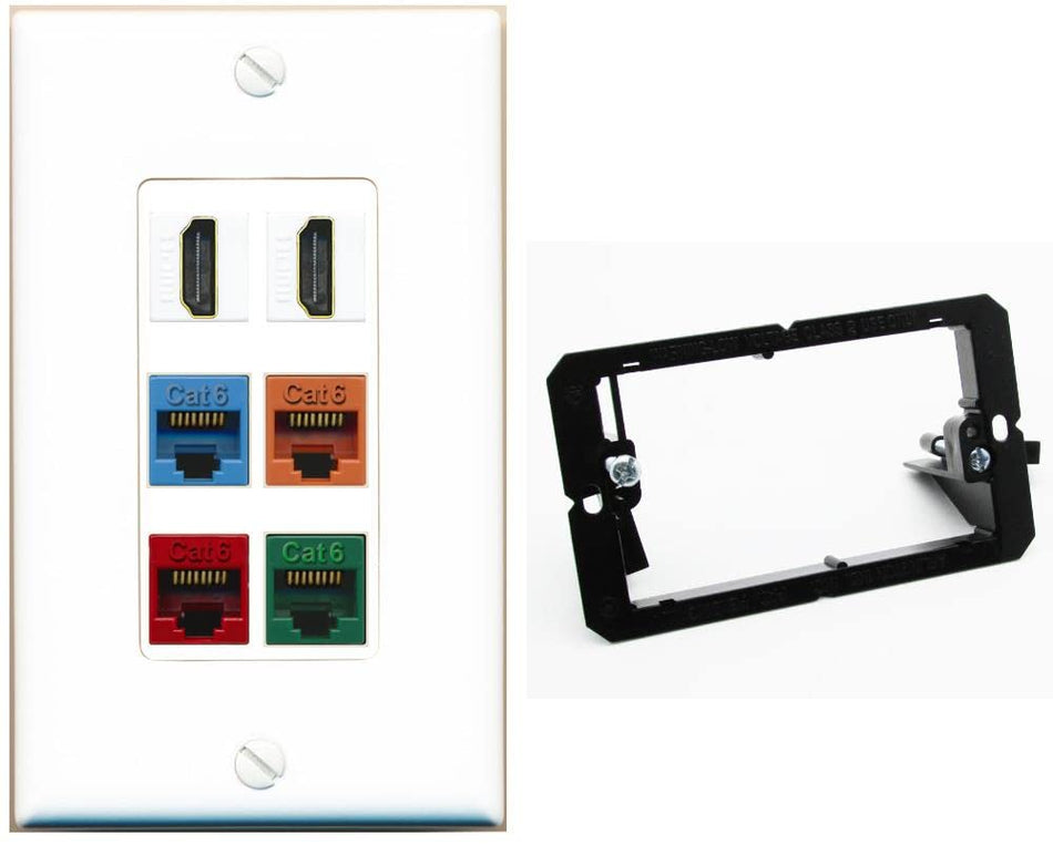 RiteAV 2 HDMI 4 Cat6 Ethernet Mixed Color Wall Plate - 1 Gang w-Bracket [White/White]