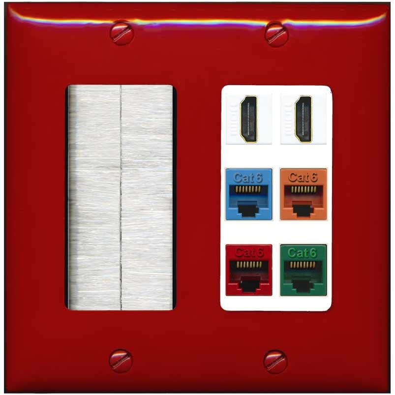 RiteAV 2 HDMI 4 Cat6 Ethernet Mixed Color Wall Plate - Brush [Red/White]