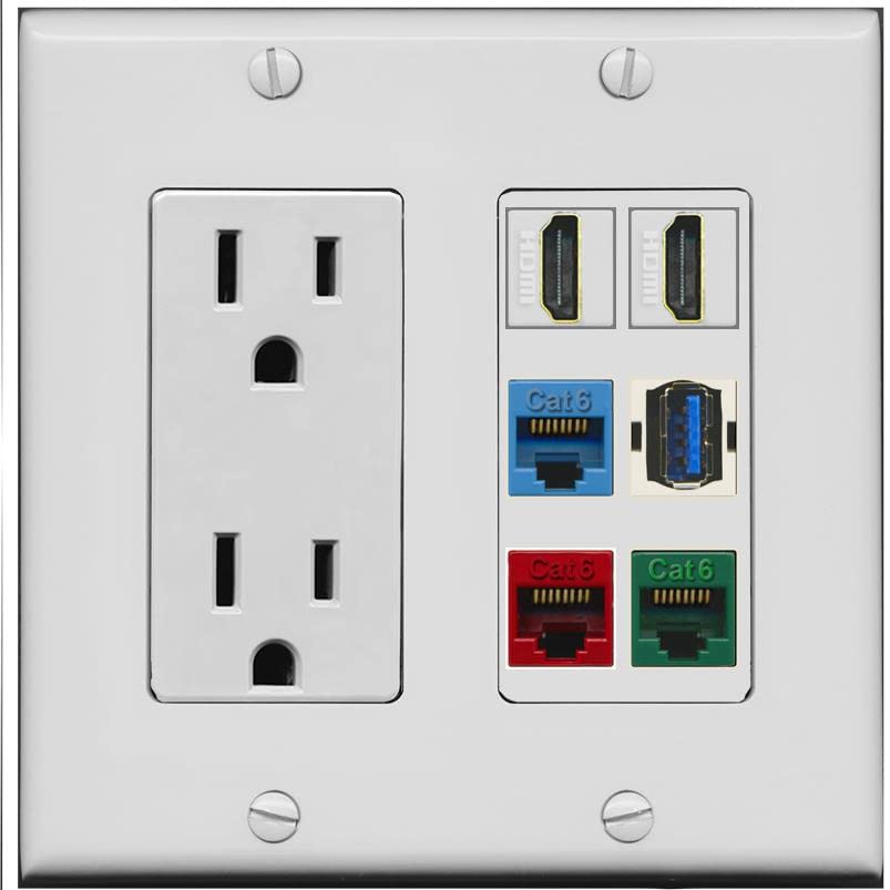 RiteAV 2 HDMI 3 Cat6 Ethernet USB3 Mixed Color Wall Plate - Outlet [Gray/Gray]