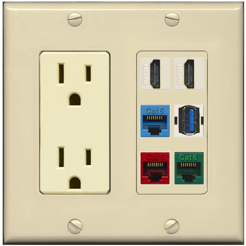 RiteAV 2 HDMI 3 Cat6 Ethernet USB3 Mixed Color Wall Plate - Outlet [Ivory/Ivory]