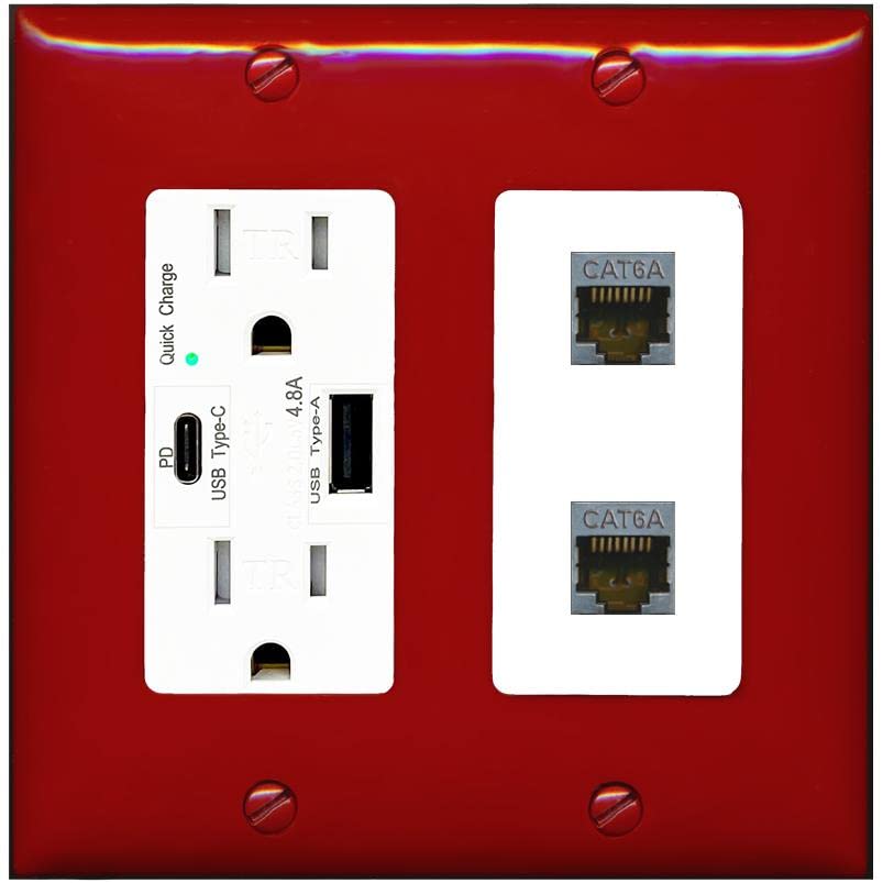 RiteAV 2 Port Cat6A Wall Plate - USB A+C Charger [Red/White]