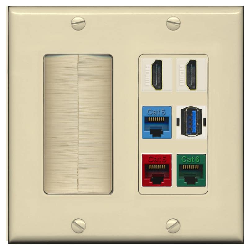 RiteAV 2 HDMI 3 Cat6 Ethernet USB3 Mixed Color Wall Plate - Brush [Ivory/Ivory]