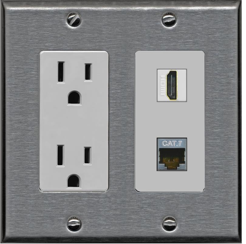 RiteAV HDMI and Cat7 Wall Plate - Outlet [Stainless/Gray]