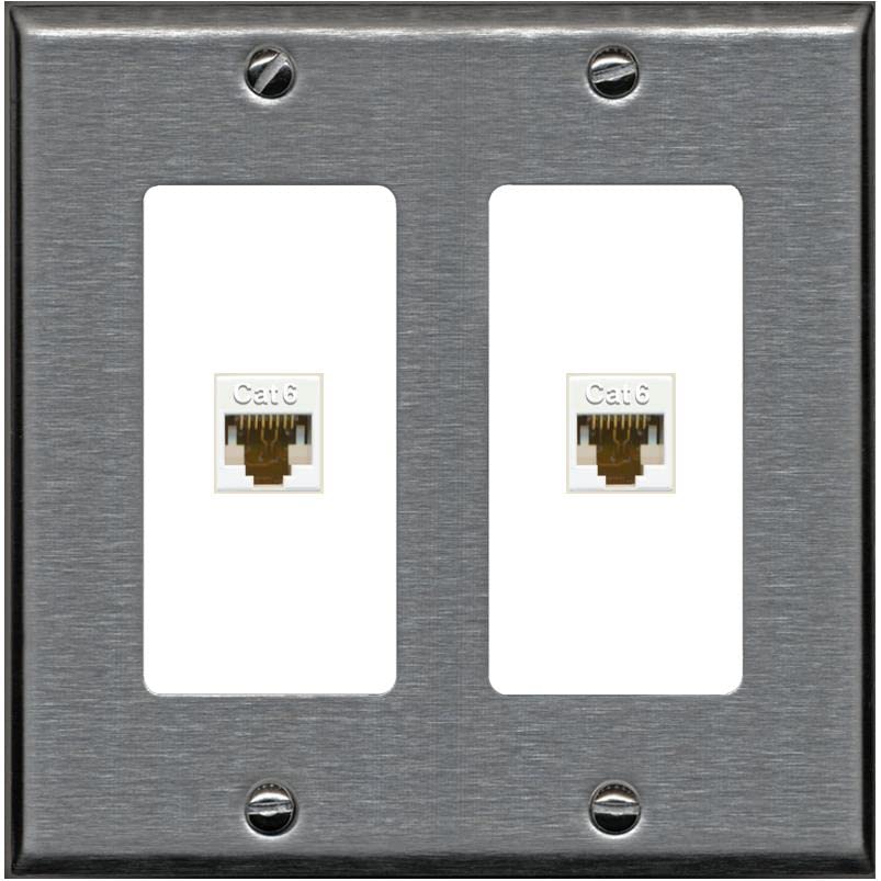 RiteAV 2 Port Cat6 Ethernet Wall Plate - 2 Gang [Stainless/White]