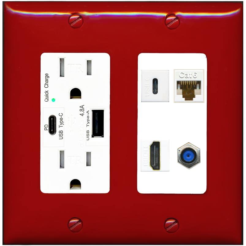 RiteAV USBC HDMI Cat6 Coax F81 Wall Plate - USB A+C Charger [Red/White]