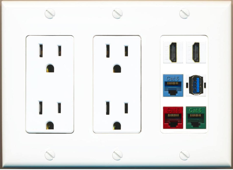 RiteAV 2 HDMI 3 Cat6 Ethernet USB3 Mixed Color Wall Plate - 3G Dual Outlet [White/White]