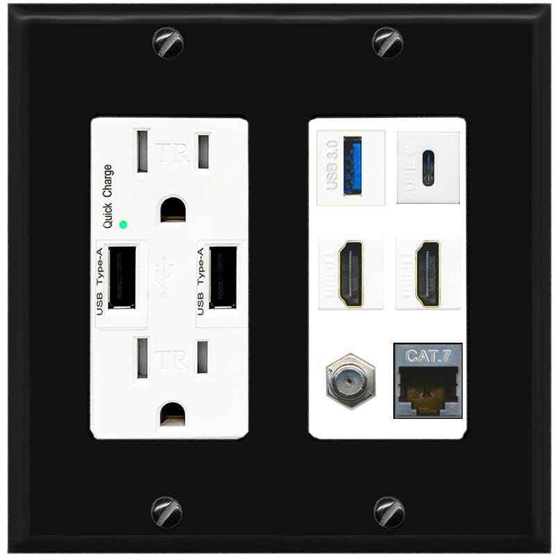 RiteAV USB 3 USB C 2 HDMI Coax Cat7 Wall Plate - USB Charger [Black/White]