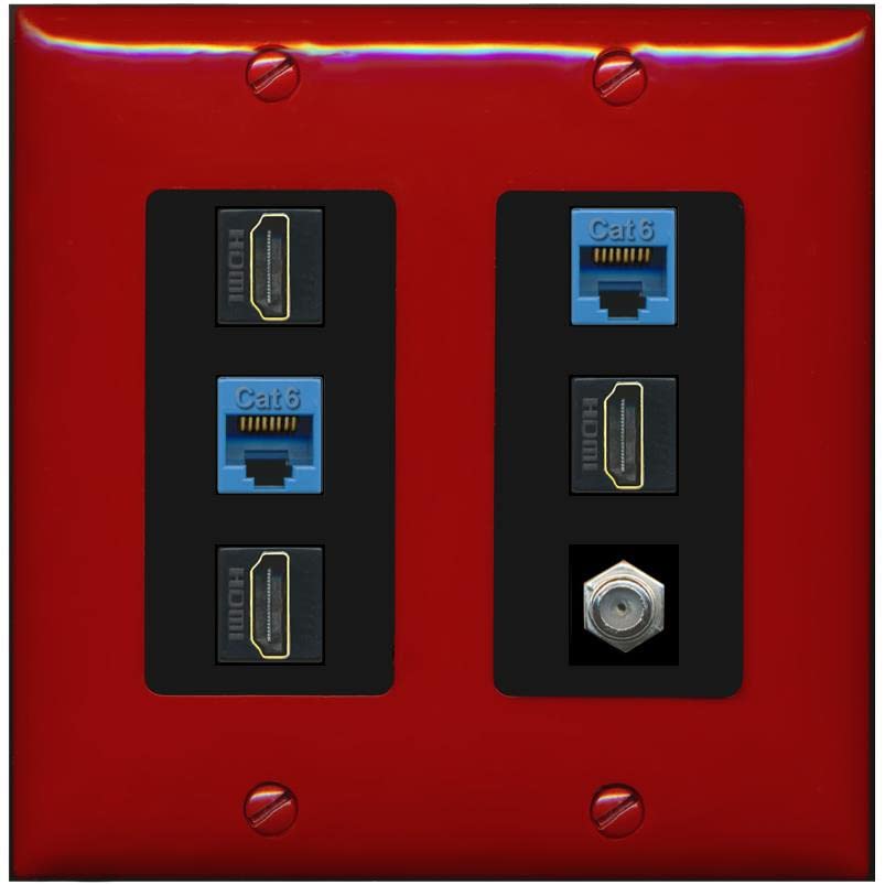 RiteAV 3 HDMI Wall Plate 2 Cat6 1 Coax - 2 Gang [Red/Black]