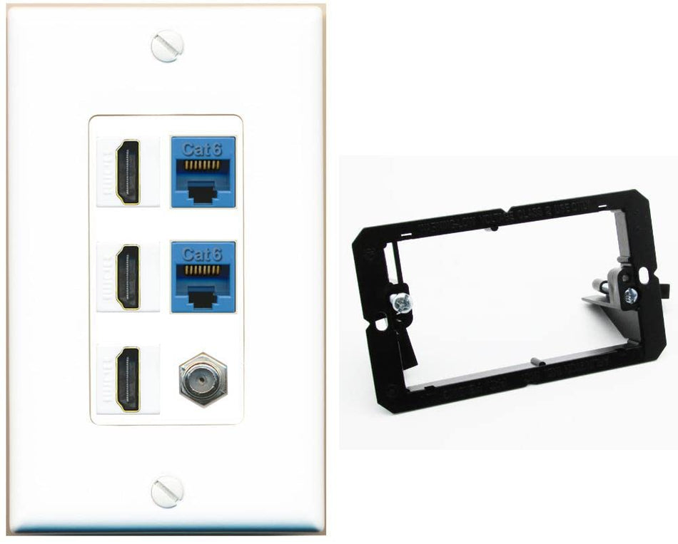 RiteAV 3 HDMI Wall Plate 2 Cat6 1 Coax - 1 Gang w-Bracket [White/White]