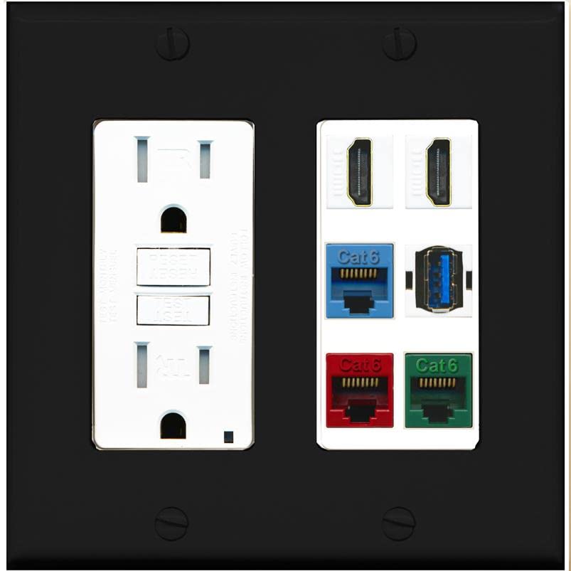 RiteAV 2 HDMI 3 Cat6 Ethernet USB3 Mixed Color Wall Plate - GFCI [Black/White]