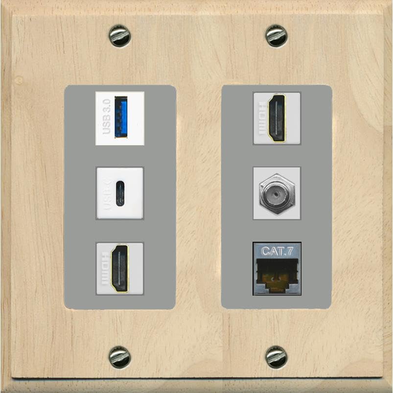 RiteAV USB 3 USB C 2 HDMI Coax Cat7 Wall Plate - 2 Gang [Wood/Gray]