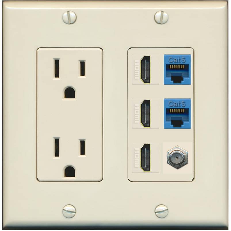 RiteAV 3 HDMI Wall Plate 2 Cat6 1 Coax - Outlet [Light-Almond]