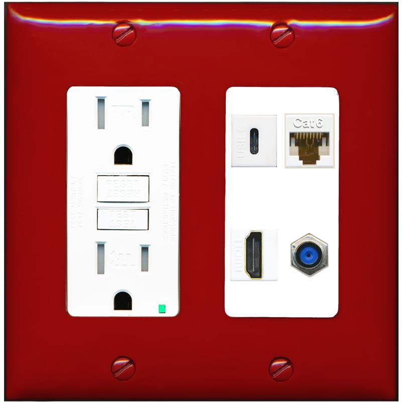 RiteAV USBC HDMI Cat6 Coax F81 Wall Plate - GFCI [Red/White]