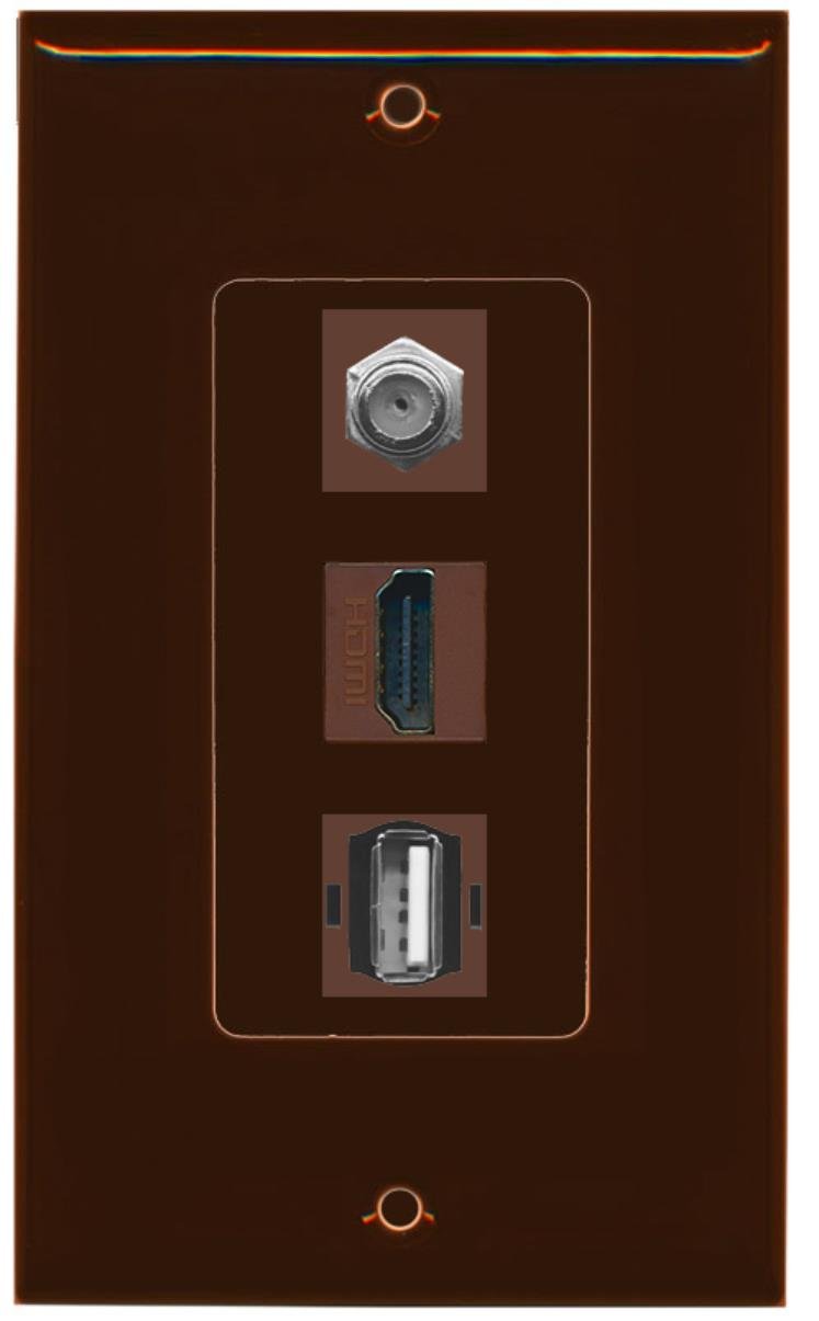 RiteAV - 1 Port HDMI and 1 Port Coax Cable TV- F-Type and 1 Port USB A-A Decorative Wall Plate - Brown