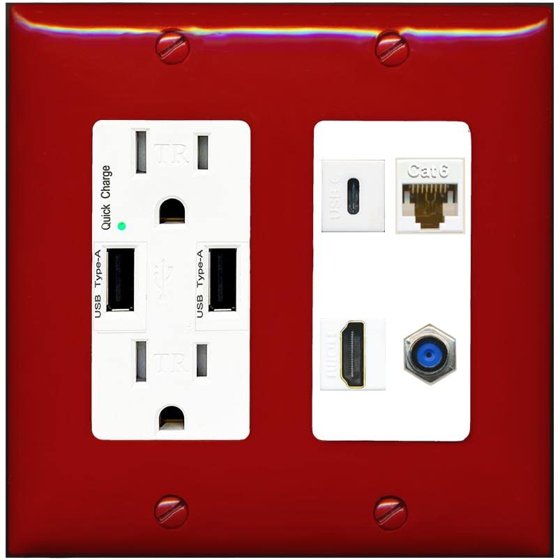 RiteAV USBC HDMI Cat6 Coax F81 Wall Plate - USB Charger [Red/White]